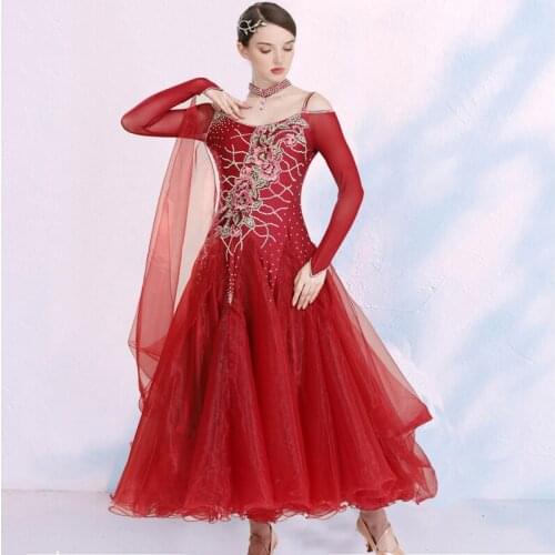 New Shiny Rhinestone Long Sleeve Modern Ballroom Dance Dress Female Red/Blue Big Swing Waltz Stage Performance Costumes DQL5079