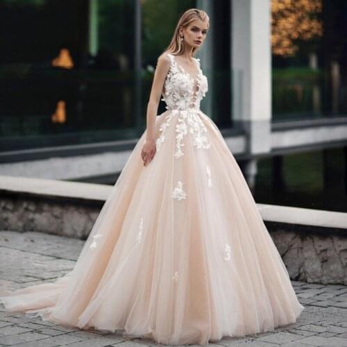 New Champagne Tulle Wedding Dresses Appliques V-NECK Illusion Back Custom Made Bridal Gowns 2020