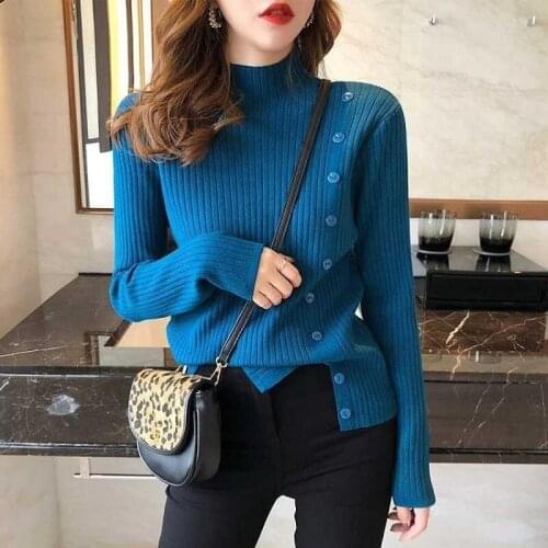 Autumn half high neck knitting sweater womens bottoming shirt full sleeve loose Pullover and elastic sweater girls tops Casual