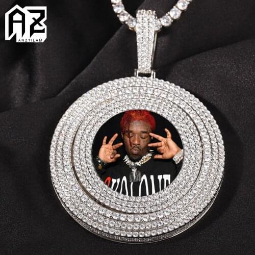 AZ Hip Hop Round Rotatable Custom Photos Pendants Iced Out Necklace Paved Bling Zircon Stone Goth Jewelry With Long Link Cain