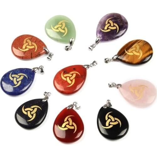 Natural Crystal Water Drop Shape Pendant Engrave Nordic Mythology Horn Of Odin Rune Triangle Whirlwind Geometric Pattern Jewelry