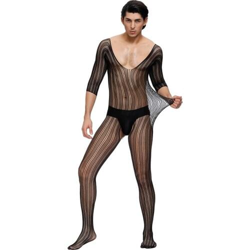 Lace Stripe Bodystocking Crotchless Men Sexy Fishnet Bodysuit See-through Erotic Lingerie Half Sleeve MPS162