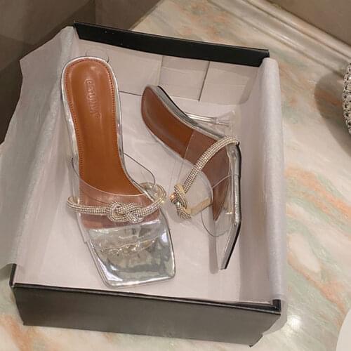 New Summer Clear PVC Transparent High Heels Slippers Fashion Rhinestone Design Sandal Slip On Square Toe Slides Women Mules Pump