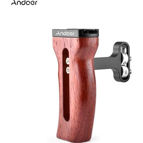 Andoer Universal Camera Cage Wooden Handle Left/Right Side Hand Grip with Cold Shoe Mount 1/4 Inch & 3/8 Inch Screw Holes