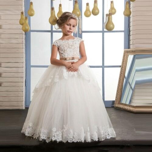 Formal First Communion Gowns Button Back Lace Appliques Tired Puffy Cape Sleeves Kids Child Champagne Belt Princess Dresses