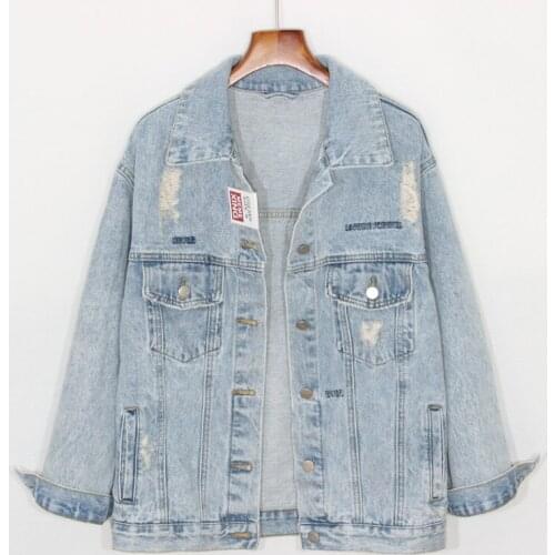 Spring Autumn Vintage Washed Letter Embroidery Hole Denim jacket Women jaqueta Loose Plus size Casual Jeans jacket Ropa de mujer