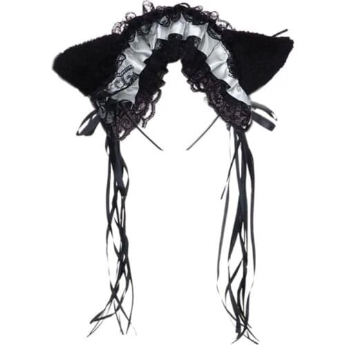 Women Ruffles Lace Headband Plush Cat Ears Ribbon Bell Lolita Cosplay Princess Hair Hoop Hairpin Hair Accessories