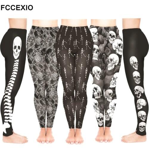 FCCEXIO Female Workout Pants High Waist Fitness Legging New 5 Style Skulls Skeleton Print Leggins Women Leggings Slim Trousers