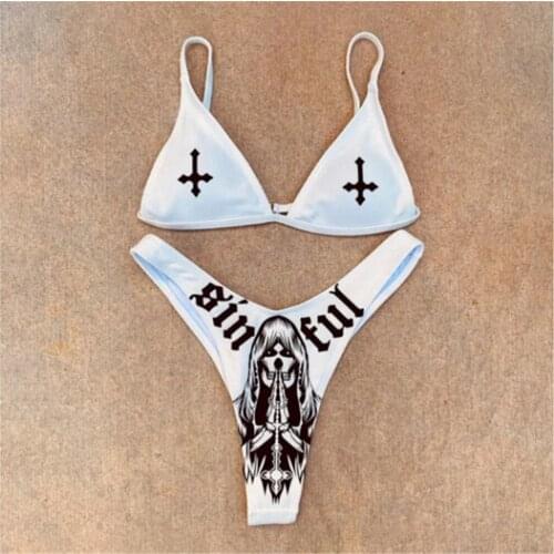 ZAFILLE Women 2 Piece Swimsuit Low Waist Bikini Skull Bathing Suit 2021 Angel Demon Party Swimming Suit for Women Swimwear