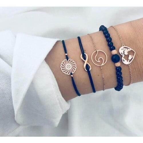 Womens Multi-layer Beaded Bracelet Personality Creative Hollow Alloy Flower Digital Wave Heart Shape Map 5Pieces/Set of Bangle