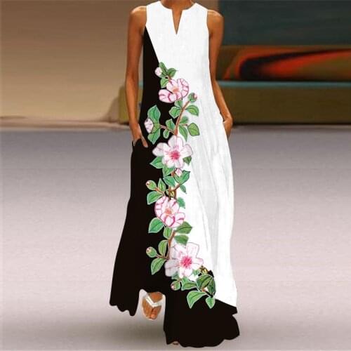 2021 New Summer Ladies Sleeveless Long Dress V-Neck Printed Emerald Flower Dress Womens Clothing Fashion Pullover Maxi Dresses