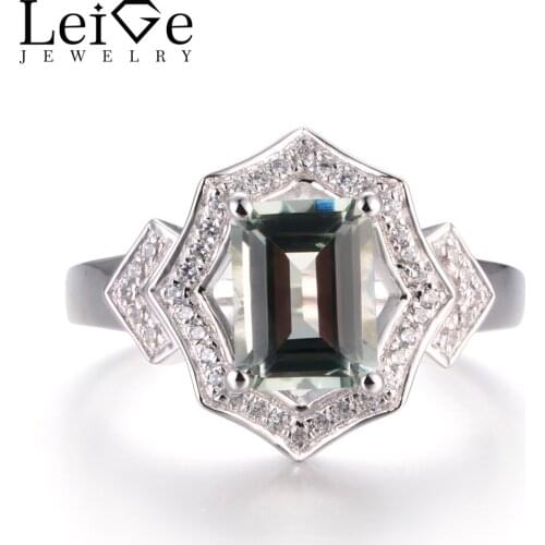 LeiGe Jewelry Natural Green Amethyst Rings Engagement Rings Emerald Cut Ring 925 Sterling Silver Fine Jewelry Womens Gifts