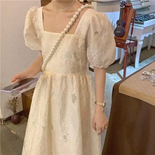 Summer Fairy Elegant Dress Women Korean Slim Print France Vintage Sweet Dress Female Puff Sleeve Backless Party Casual Dress