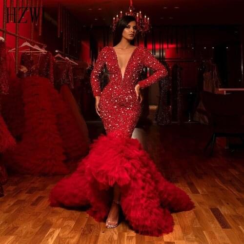 Vestidos Red Crystal Sequins Formal Evening Dresses Long Sleeve Sheer V-Neck Backless Ruffle Athymmetrical Celebrity dresses