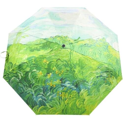 Oil Painting Umbrella Automatic Windproof Three-folding Umbrella Rain Pongee Paraguas Umbrella Female Parasol