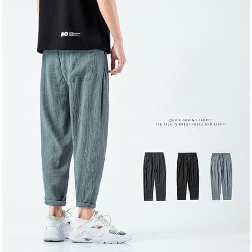 2021 Summer Quick-Drying Ninth Pants Man Ultrathin Lce Silk Harem Pants Loose Straight waistline Trousers plus Size Sport pants