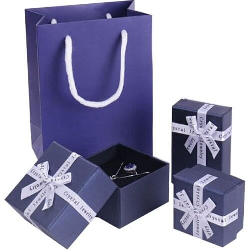 4Size Nave Blue-Necklace Earrings Ring Box Bow Jewelry Box Paper Jewelry Gift Boxes Jewellery Organizer Engagement Ring Earring