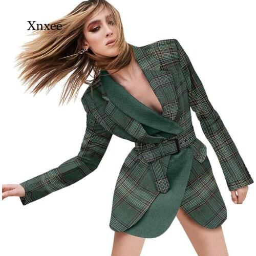 2021 Spring Ol Suit Temperament Business Suit for Women New Fashion British Ladies Plaid Blazer Belt Lapel Slim Long Jacket Top