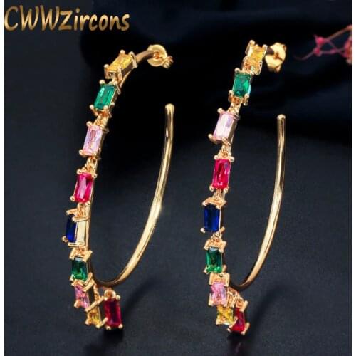 CWWZircons Large Gold Color Round Circle Pendant Hoop Dropping CZ Zircon Charm Earring Bohemia Women Fashion Jewelry CZ610