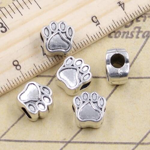 10pcs Beads Dog Bear Paw 5mm Big Hole Vintage Charms European Pendant Fit For Bracelet DIY Antique Silver Color Fit Making