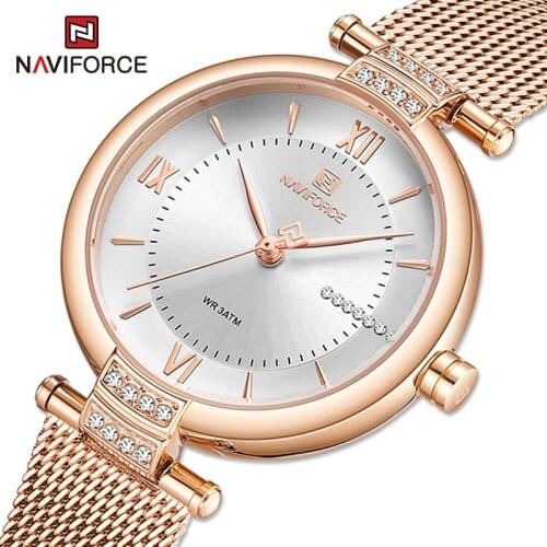 NAVIFORCE Rose Gold Womens Watches Fashion Luxury With Diamond Ladies Wrist watch Steel Band Bracelet Waterproof Quartz Clock