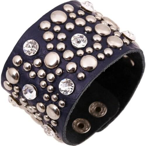 Dankaishi Popular Leather Bangles & Bracelets Pave Rhinestone Crystal Metal Beads Blue Leather Bracelet for Women Wristband Gift