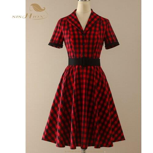 Elegant kerst Christmas Plaid Dresses for Women 2021 VD1645 Short Sleeve Cotton Swing Party Vintage Dress femme robe