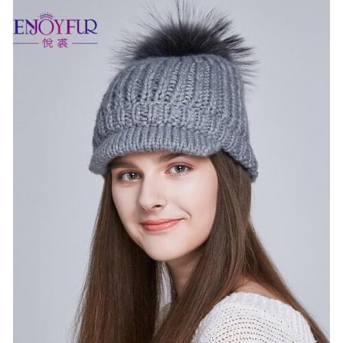 ENJOYFUR Winter Real Fur Pom Pom Hat with Visors Caps Warm Lining Female Hats For Girls New Winter Hat for Women