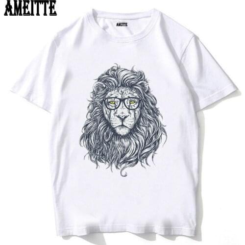 New Summer Men Short Sleeve Cool Hipster Lion Mens T-Shirt Funny Animal Design Hip Hop Boy Casual Tops Vintage Man White Tees