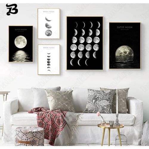 Super Moon Canvas Painting Black and White Sinking The Bottom Posters and Prints Nordic Wall Pictures for Living Room Home Decor