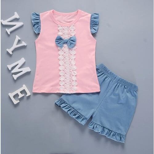 High quality cute Kids Baby Girl bowknot Outfit Clothes T-shirt Short Pants 2PCS set Baby Girl Fly Sleeve Ruffles Bow Set