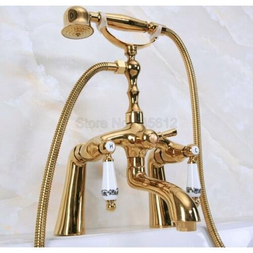 Deck Mounted Gold Color Brass Bathroom Tub Faucet Set + Hand Shower Head Luxury Dual Handle Shower Faucets tna134