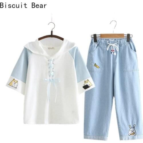 Summer 2 Piece Set Women Tops And Pants Lace Up Hooded T Shirt Elastic Waist Embroidery Ankle Length Denim Pants Jeans Girls Set