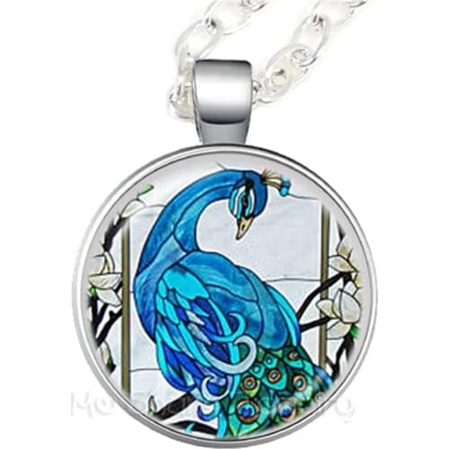 Fashion Bird Necklace Glass Cabochon Peacock Jewelry Pendant For Women Men Glass Dome Sweater chain Handmade Jewelry