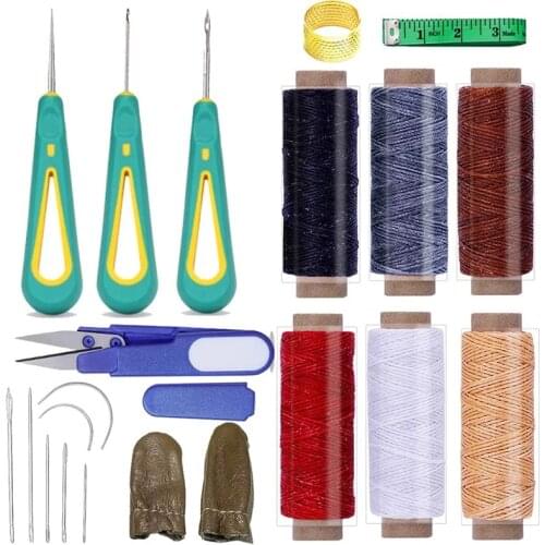 KAOBUY 21PCS Leather Sewing Kit, Leather Stitching Tools With Leather Needles, 6Colors Waxed Thread, Scissors, Awl
