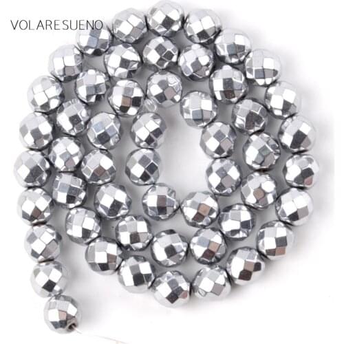 Natural Silver Plated Faceted Hematite Stone Round Loose Beads for Jewelry Making 4-10m Spacer Beads For Necklace Bracelet