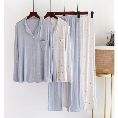 2021 Spring and autumn new ladies pajamas suit floral 100% modal fresh style pajamas suit female lapel female casual home wear