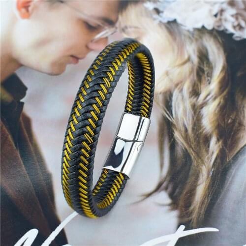 Punk Men Jewelry Black Red Braided Leather Bracelet Stainless Steel Magnetic Clasp Fashion Bangles for Woman Wrap Bracelet