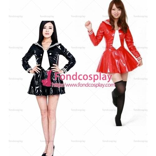 Fondcosplay adult sexy cross dressing sissy maid French Lockable Black Red heavy PVC Dress School uniforms Tailor-made[G3984]