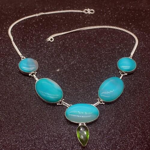 Attractive Green BotswanaAgate Peridot Silver Color Women Pendant Necklace Chain 19.5 Inch HD569