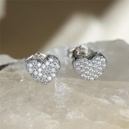Boho Gold Silver Color Stud Earrings White Zircon Full Stone Earrings Luxury Crystal Cute Heart Small Earrings For Women Jewelry