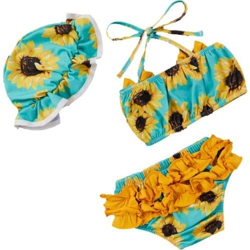 Cute Baby Girl Swimsuit Sleeveless Flamingo Print Crop Top Ruffle Shorts Hat 3Pcs Summer Bathing Suit 3Pcs Girls Beachwear