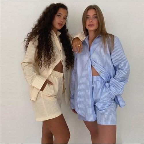 Stripe Tracksuit Women Summer 2 Piece Set Button Long Sleeve Shirt Loose High Waisted Shorts Suit Casual Mini Shorts Jogging Set