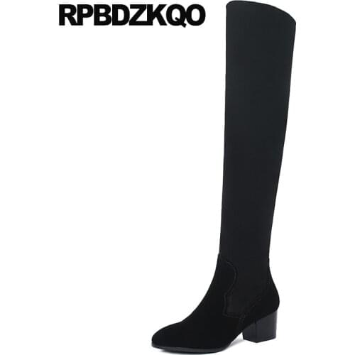 Lycra Shoes High Heel Stretch Over The Knee Fashion Slim Black Fur Sheepskin Genuine Leather Suede Thigh Women Boots Long Chunky
