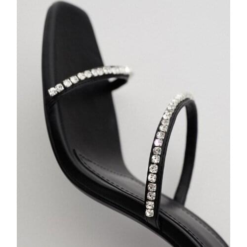 Fine Heel for Women Pumps 2021 New Sexy Black Square Head Rhinestone Accessories High-heeled Sandals String Bead Slip-on