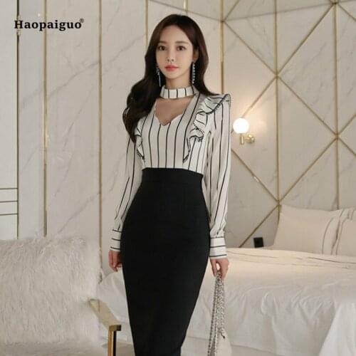 Spring Women Striped Pencil Dress Plus Size White Long Sleeve Stand Ruffles Knee-length Elegant Work Club Dress Office Dresses