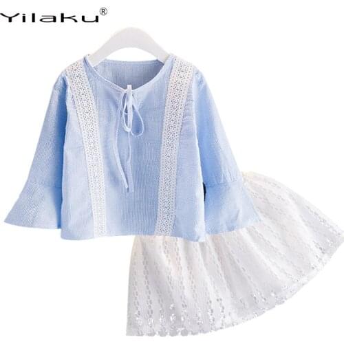 Yilaku Girls Summer Clothes Cotton Set Blue Plaid Flare Sleeve t Shirt+Hollow Out Mini Skirt Kids Girls Clothing For 2-7Y CF567