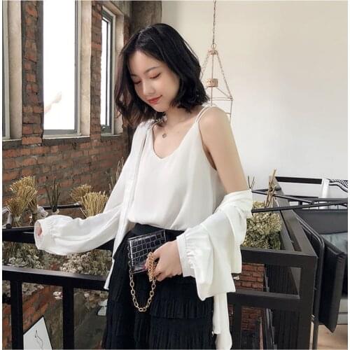 Women Camis Chiffon Double-layer Bottoming Tank Top Loose Sleeveless Vest Shirts V-neck Solid Casual Backless Shirts Tees