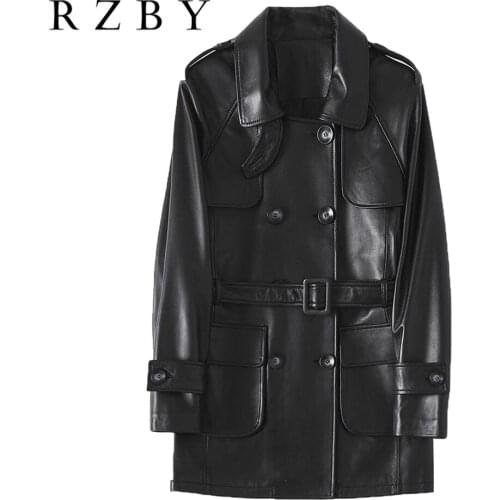 Natural Real 100% Sheepskin Winter Abrigos Borregillo Mujer Genuine Leather Jacket Double Breasted Women Trench Coat RZBY256