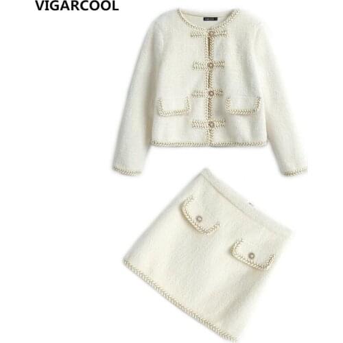 High quality thick Skirt Suit Autumn Winter New heavy industry woven lace bead button woolen Coat + hip slim Skirt Suit Female